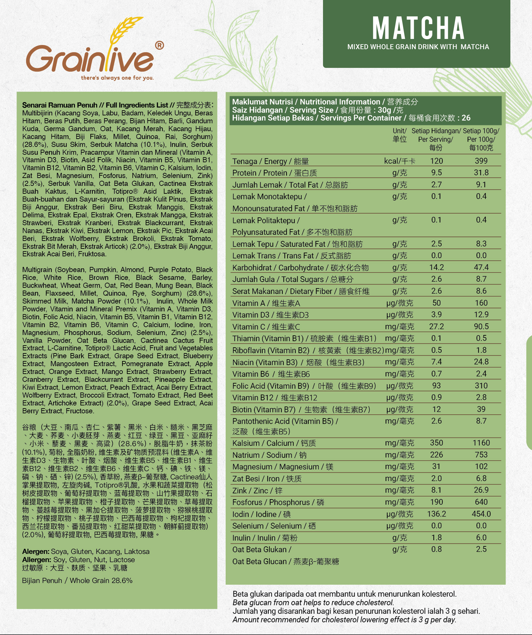 Grainlive Matcha Ingredients