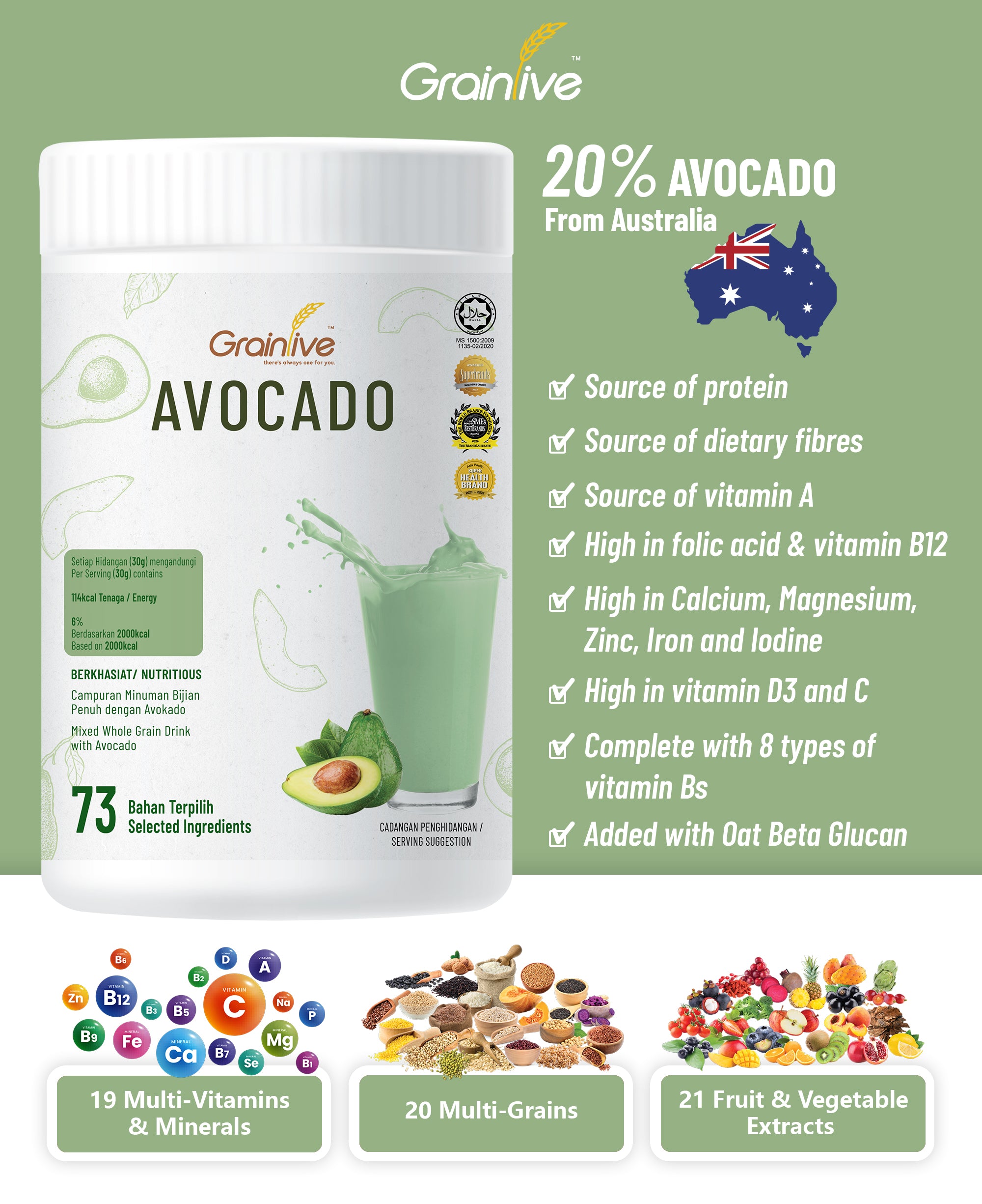 Grainlive drink served with avocado and grains